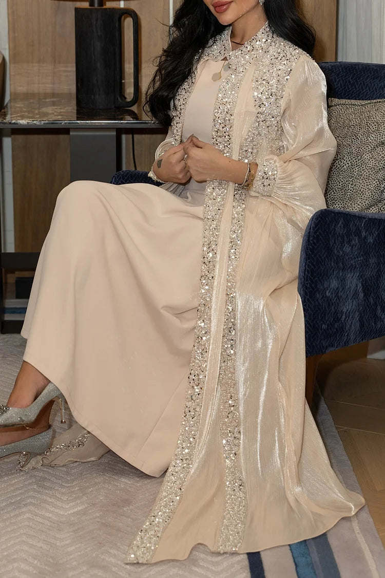 Sequin Decor Stand Collar Abaya Round Neck Maxi Dresses 2pcs Set