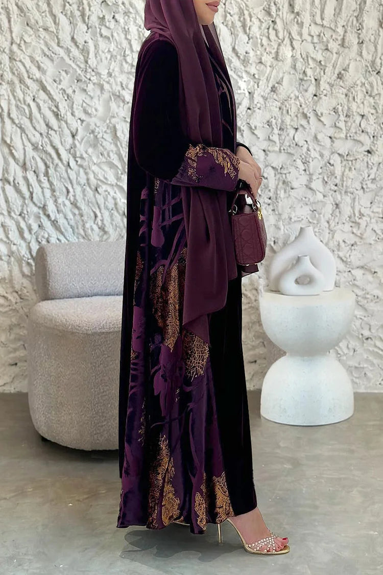 Pattern Print Open Front Abaya Sleeveless Maxi Dresses 3pcs Set