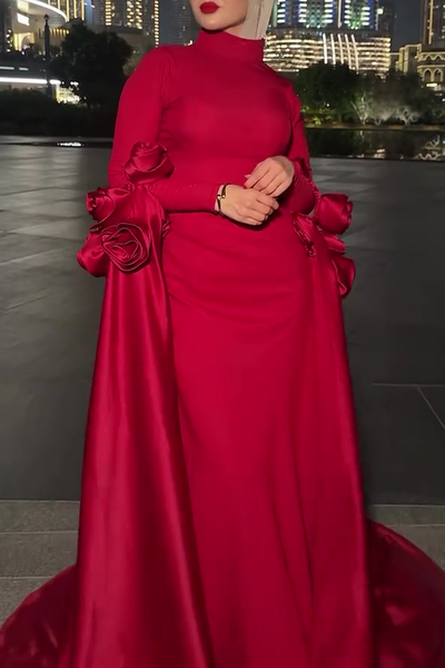 High Neck Slim Fit Maxi Dresses 3D Roses Decor Cape 2pcs Set-Red [Pre Order]