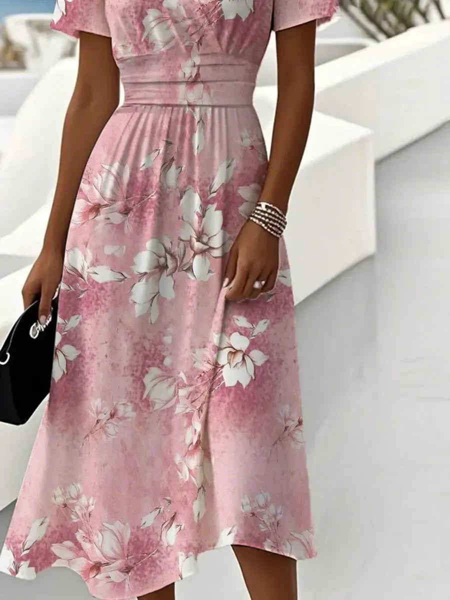 Sweet V-Neck Short Sleeve Midi Dress