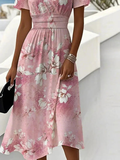 Sweet V-Neck Short Sleeve Midi Dress