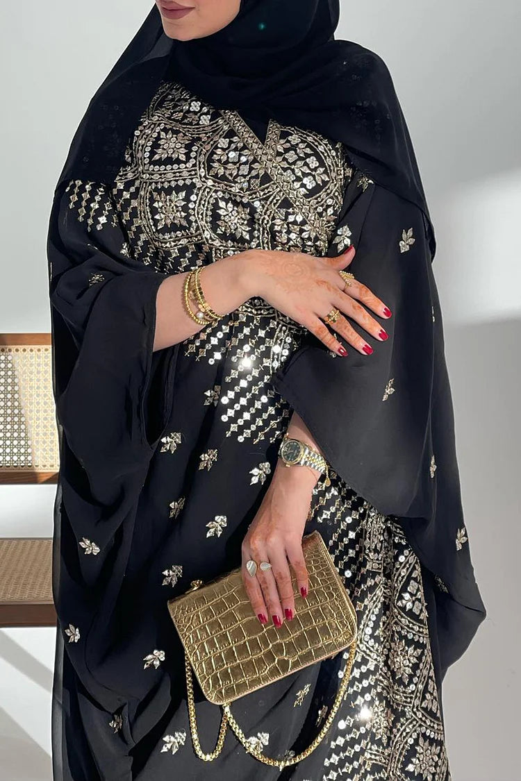 Batwing Sleeve Bronzing Print Abaya Maxi Dresses 3pcs Set