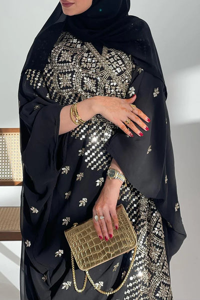 Batwing Sleeve Bronzing Print Abaya Maxi Dresses 3pcs Set