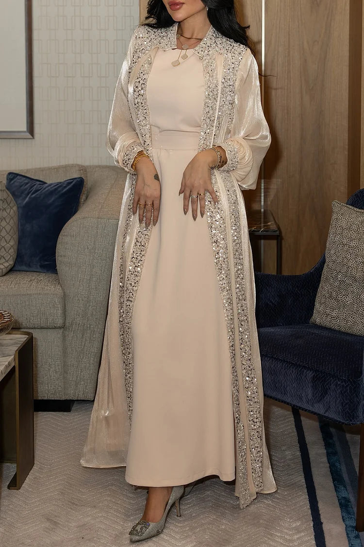 Sequin Decor Stand Collar Abaya Round Neck Maxi Dresses 2pcs Set