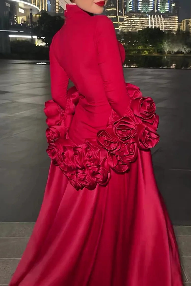 High Neck Slim Fit Maxi Dresses 3D Roses Decor Cape 2pcs Set-Red [Pre Order]