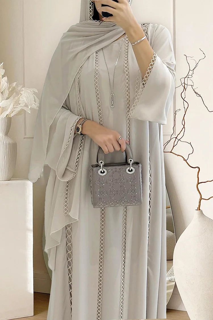 Crochet Long Sleeve Cardigan Maxi Dresses Plain Abaya Matching Set