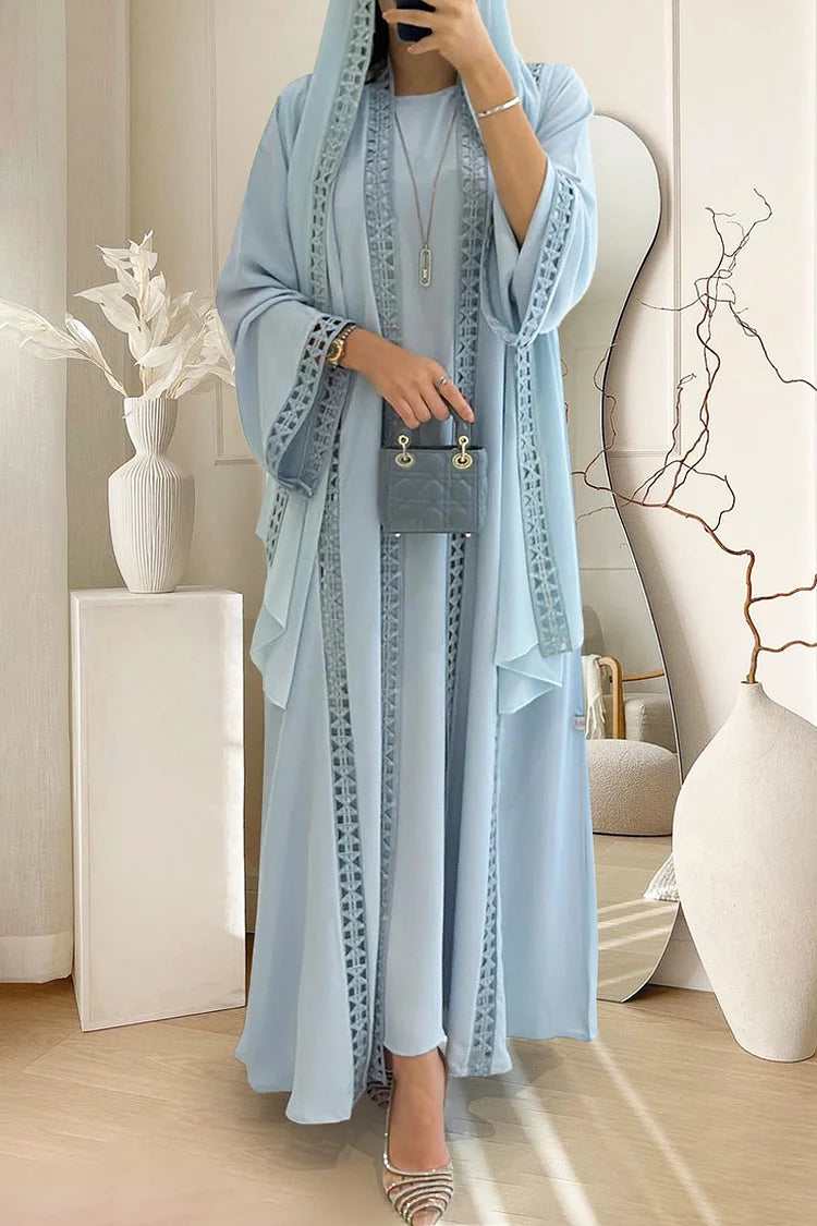 Crochet Long Sleeve Cardigan Maxi Dresses Plain Abaya Matching Set