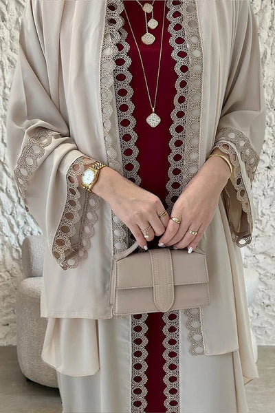 Hollow Out Lace Trim Abaya Sleeveless Maxi Dresses Party 3pcs Set