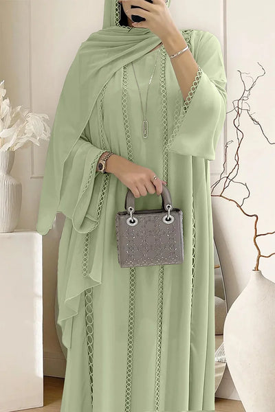 Crochet Long Sleeve Cardigan Maxi Dresses Plain Abaya Matching Set