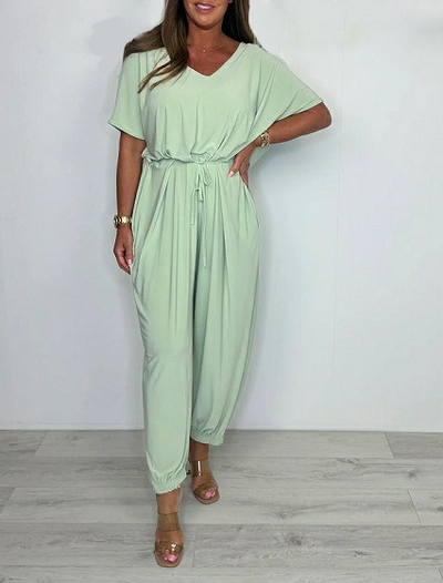 Cotton Playsuit with V-Neck and Tie