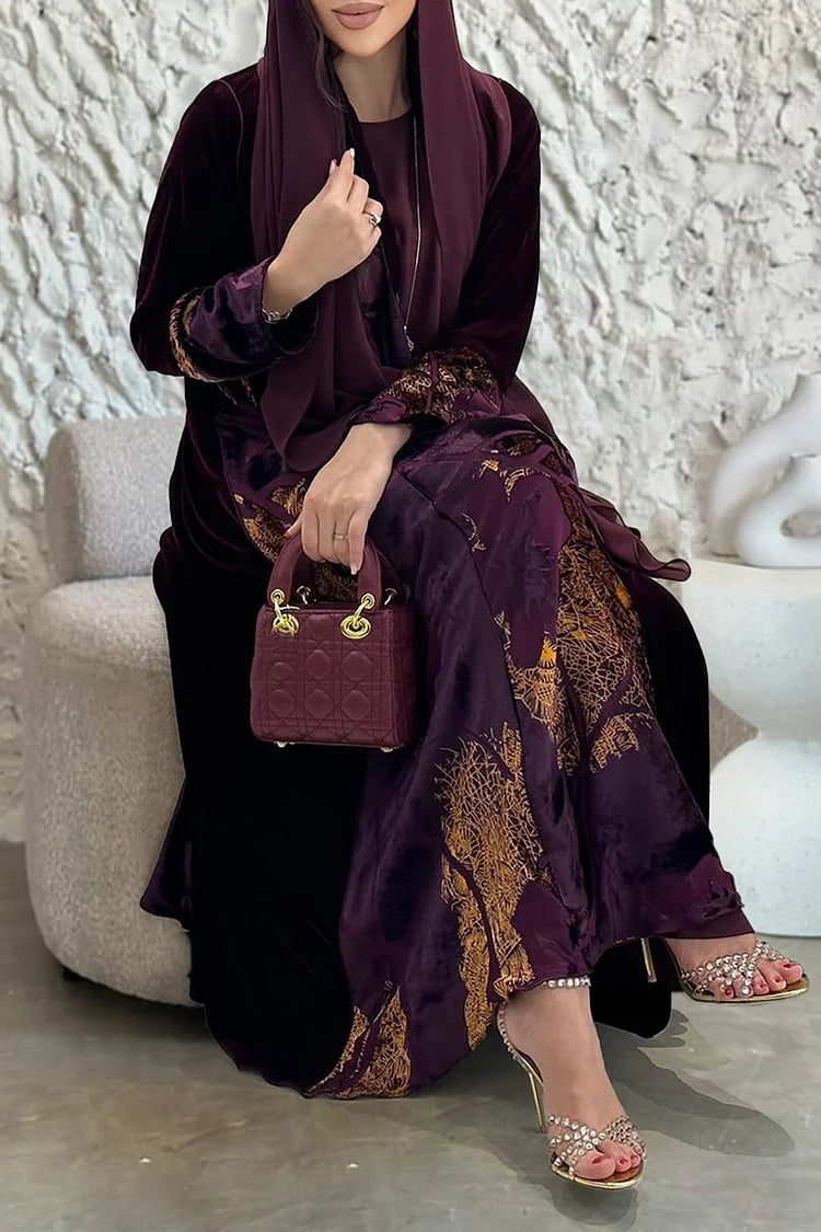 Pattern Print Open Front Abaya Sleeveless Maxi Dresses 3pcs Set