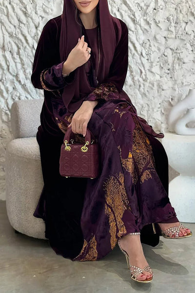Pattern Print Open Front Abaya Sleeveless Maxi Dresses 3pcs Set